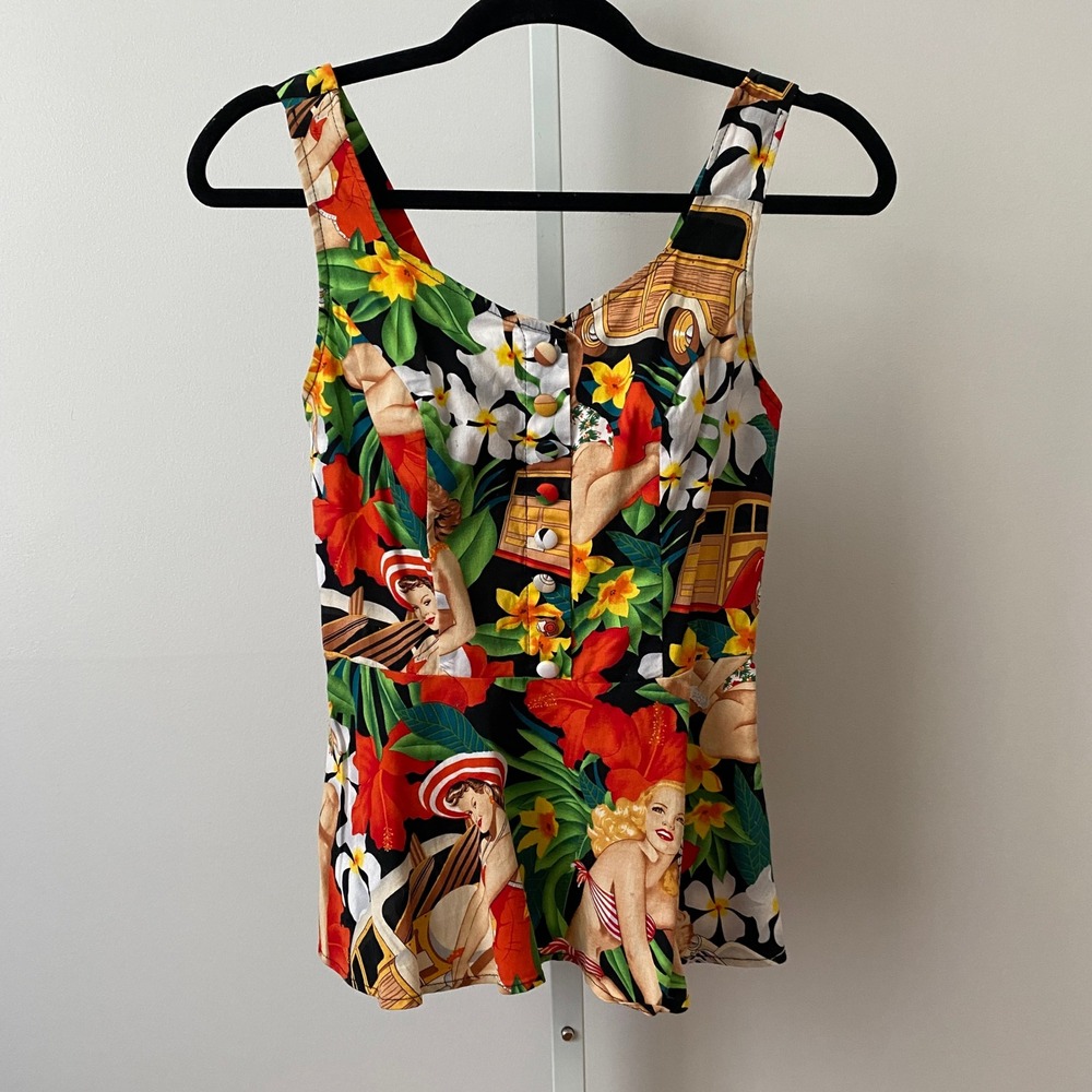 Belleโ Poque Small Multicolor Pinup Girl Tropical Peplum Top Rockabilly Retro